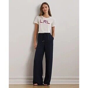 Lauren Ralph Lauren Women's Side-Stripe Georgette Wide-Leg Pant Navy Blue XL